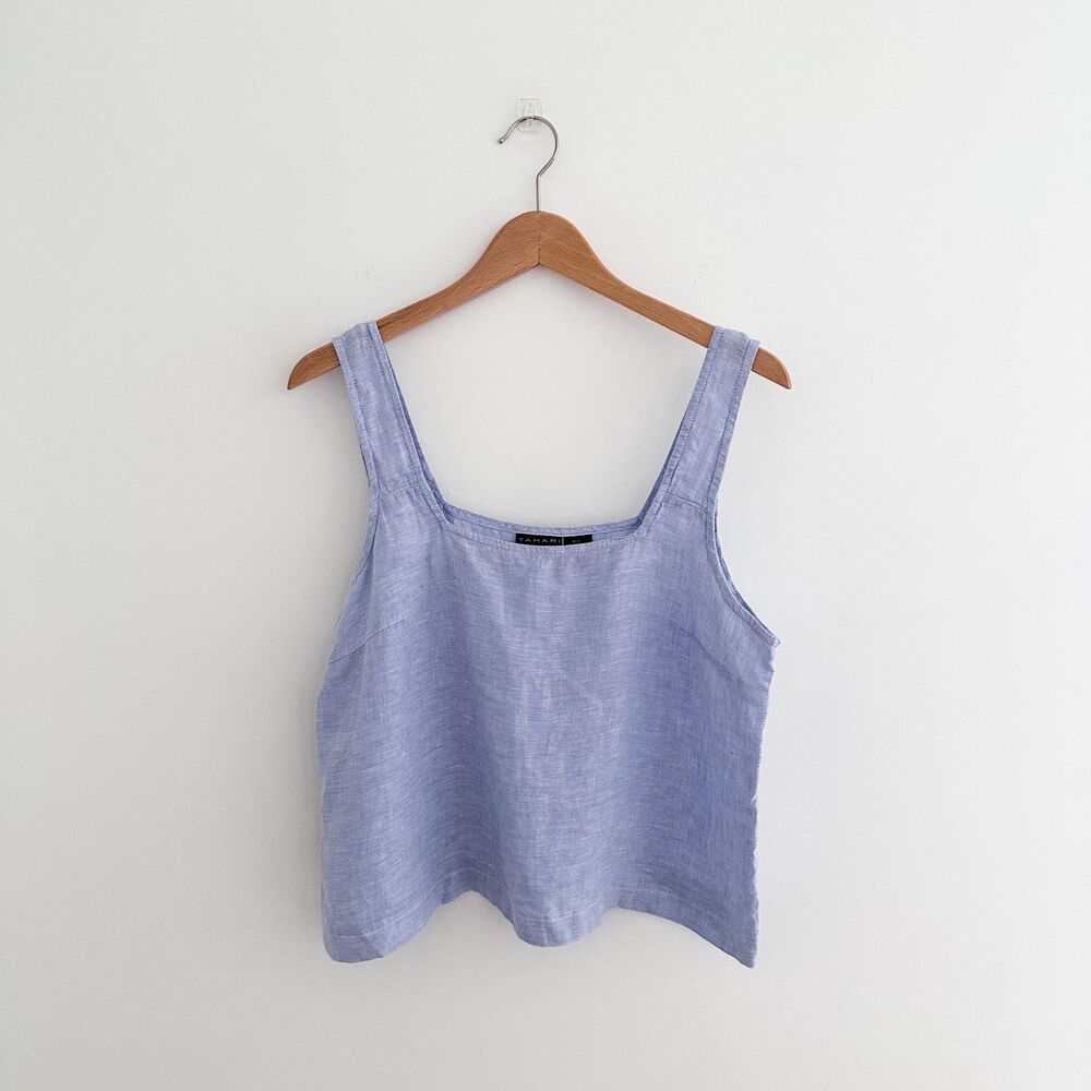 Tahari 100% Linen Tank Light Blue Boxy Cropped Fit Top Minimalist Size Medium